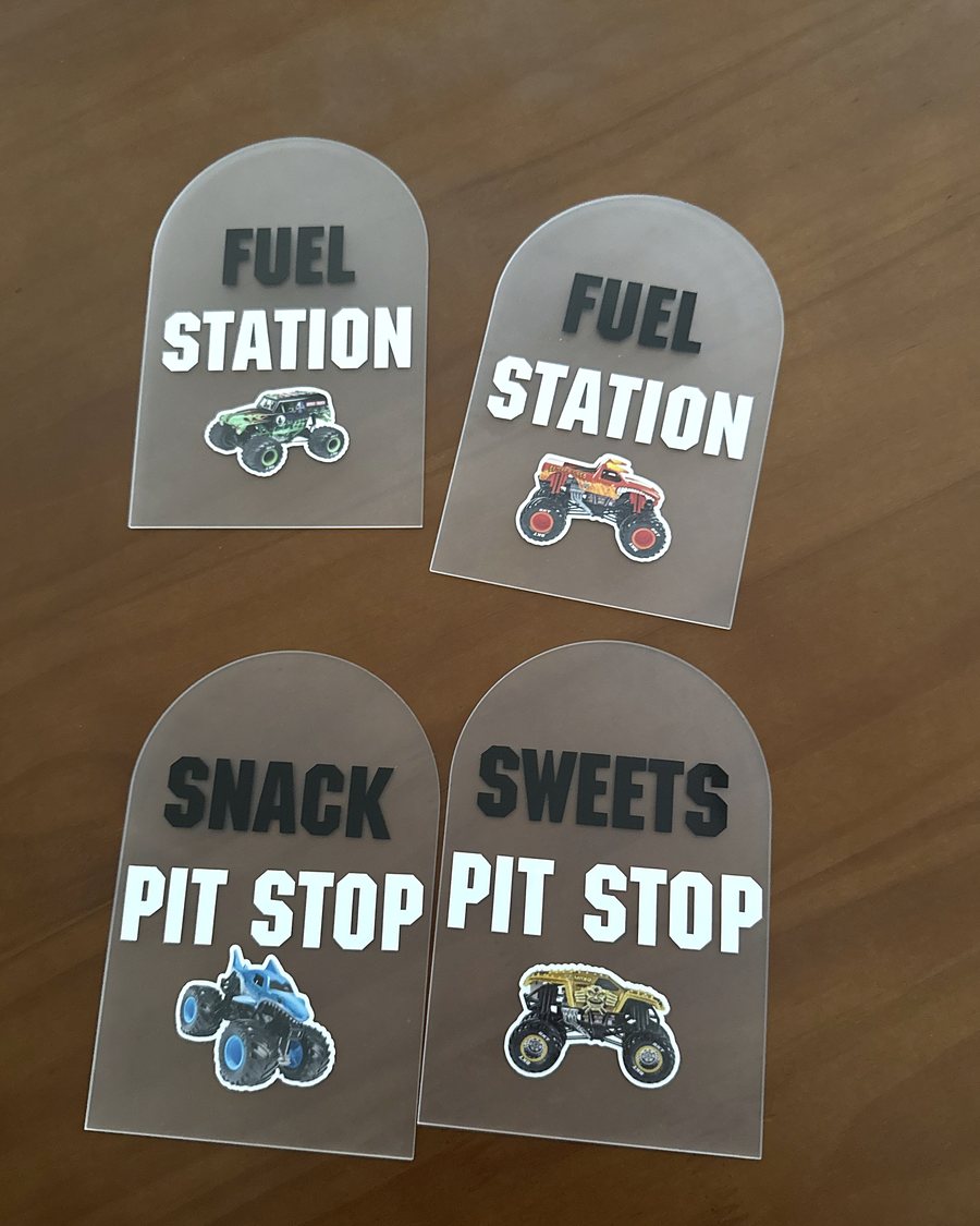 Frosted acrylic monster truck birthday food station signs