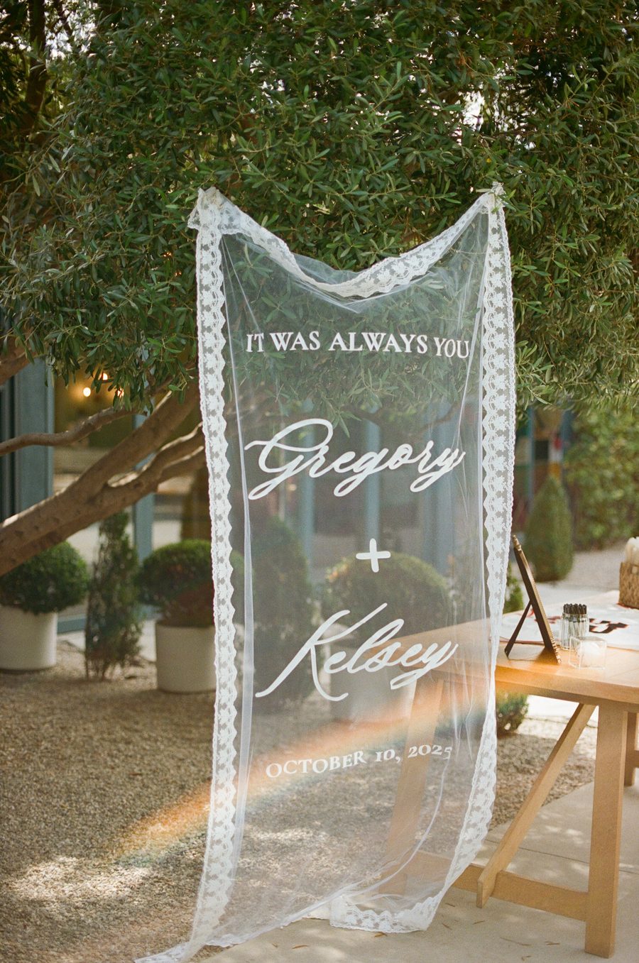 Sheer lace wedding welcome banner reading It Was Always You